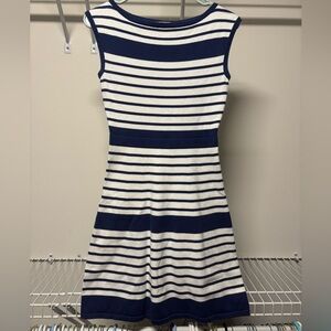 Trina Turk Sleeveless Striped Knit Dress White & Navy Blue Fitted Career